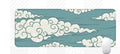 Large Japanese-style cloud pattern desk mat on a wooden office desk with keyboard and mouse.