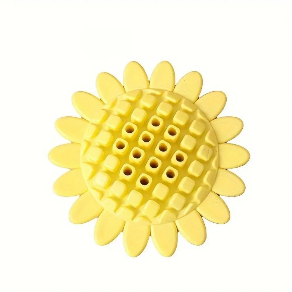 Yellow rubber sunflower dog toy for puppies and dogs, a chewy pet accessory for teething and play.
