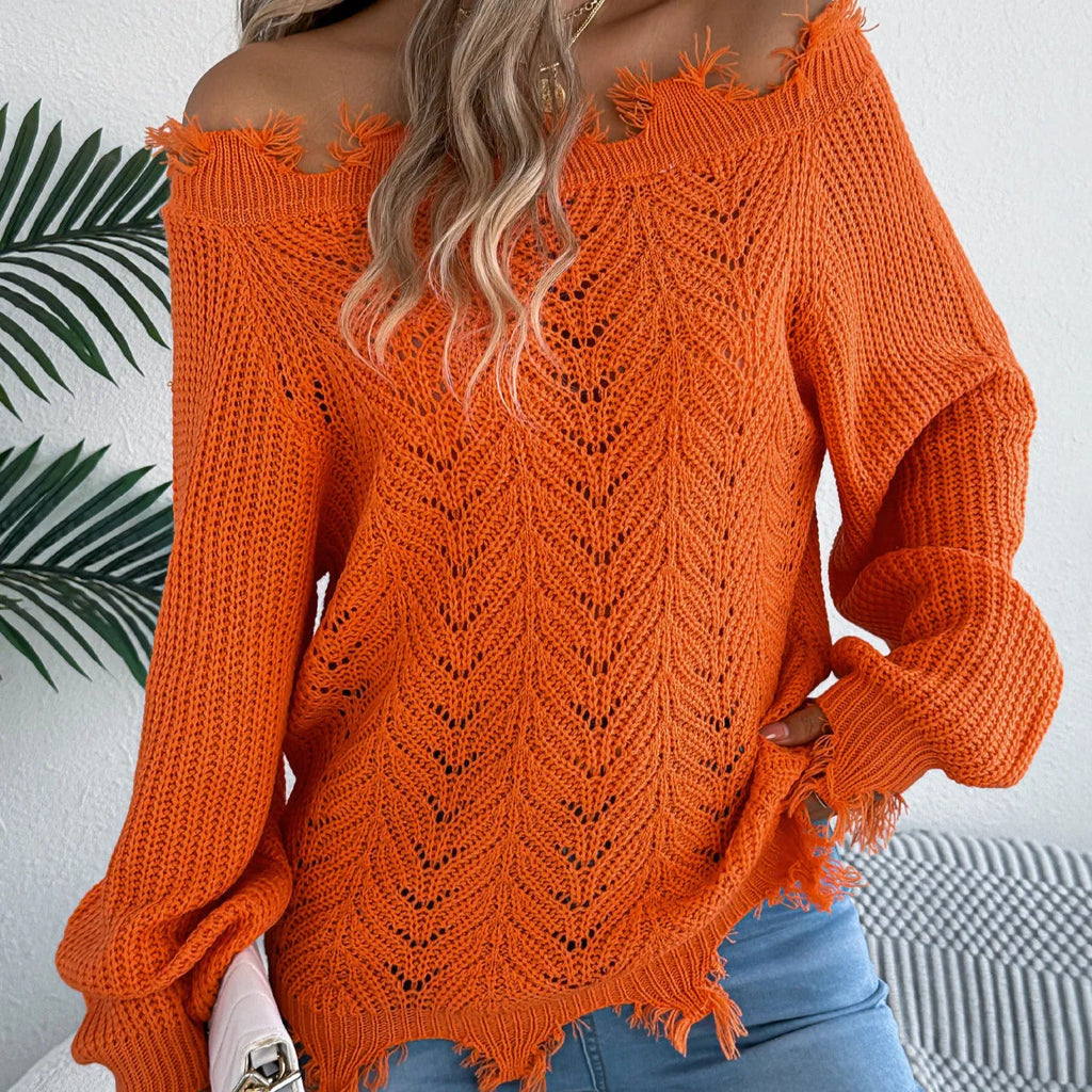 Women's hollow-out design off-the-shoulder pullover sweater in artificial wool fabric