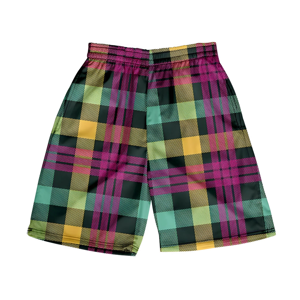 Men's straight-leg plaid shorts with elastic waistband in various colour options
