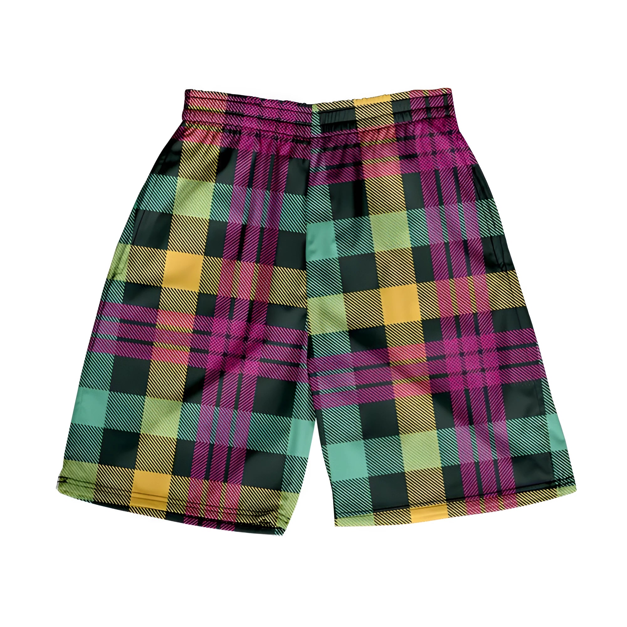 Men's straight-leg plaid shorts with elastic waistband in various colour options
