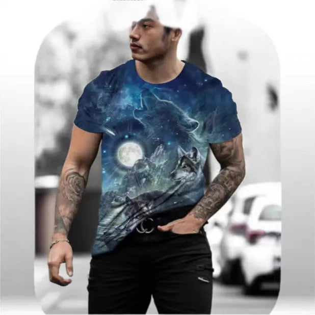 Retro 3D animal print on a men's short-sleeved light grey pullover T-shirt.