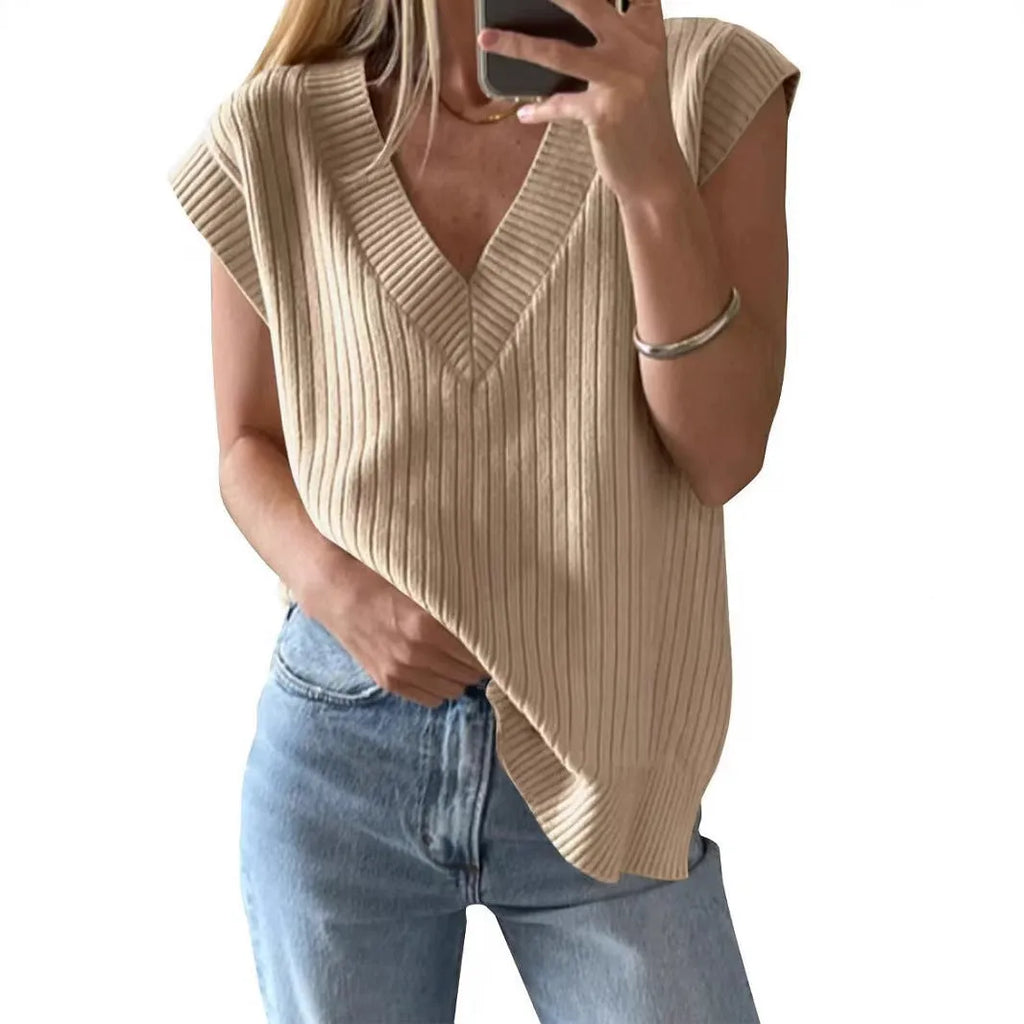 V-neck sleeveless loose pullover vest in camel colour with striped pattern