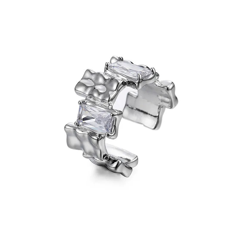 Silver geometric ring with cross zircon centre and open adjustable back