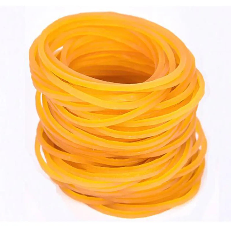 500g pack of assorted yellow rubber bands in sizes from 16mm to 70mm diameter.