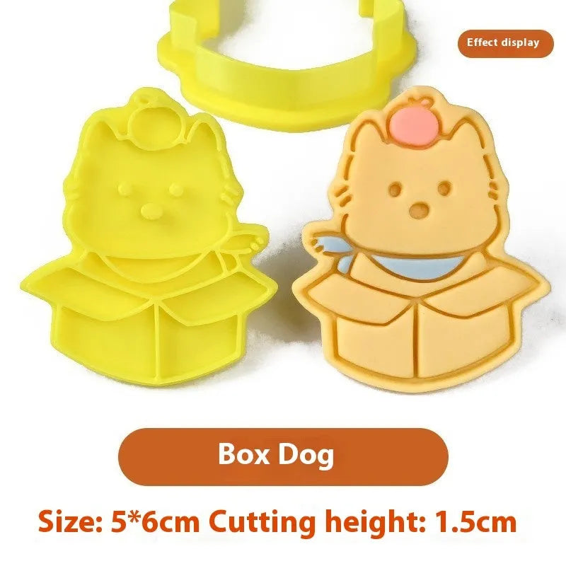 Plastic 3D biscuit mould with cartoon puppy designs including birthday hats and swimming rings