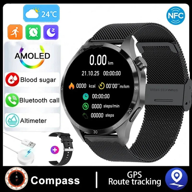 Black smartwatch with Bluetooth calling, sports modes and health monitoring functions on wrist