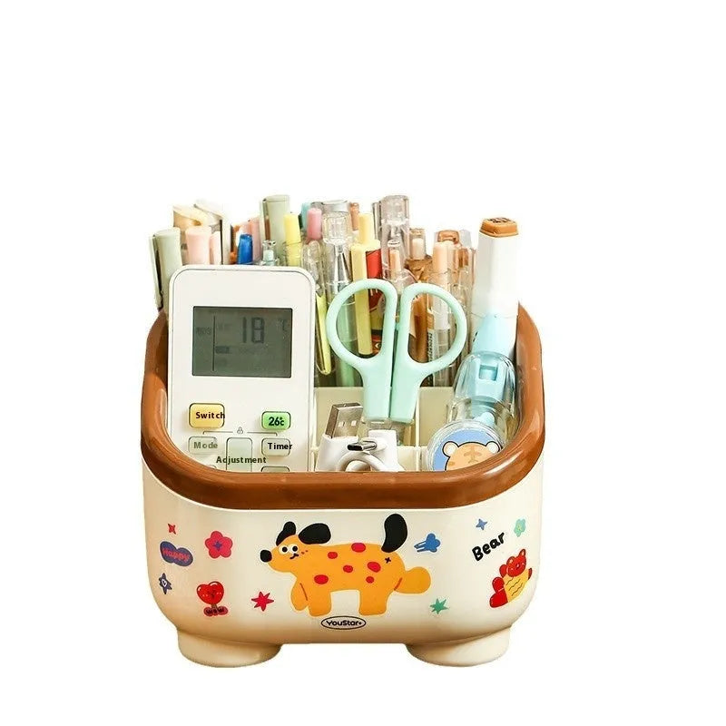 Plastic desktop storage box with cartoon stickers showing 2L capacity for stationery organisation
