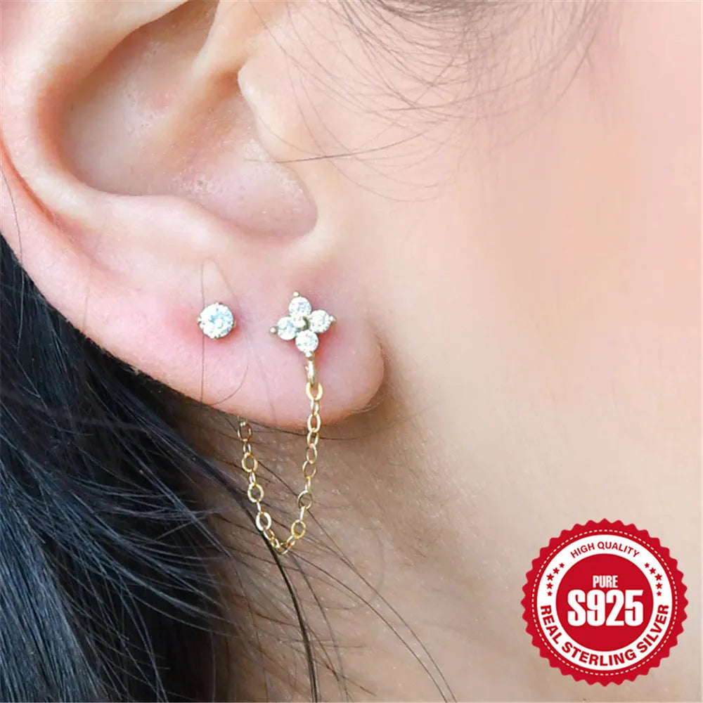 S925 sterling silver geometric flower tassel chain clip stud earrings with a gold electroplated finish.