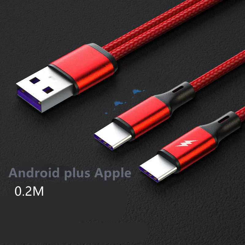 Black braided two-in-one charging cable with dual Android heads, showing 0.2m and 1.2m length options