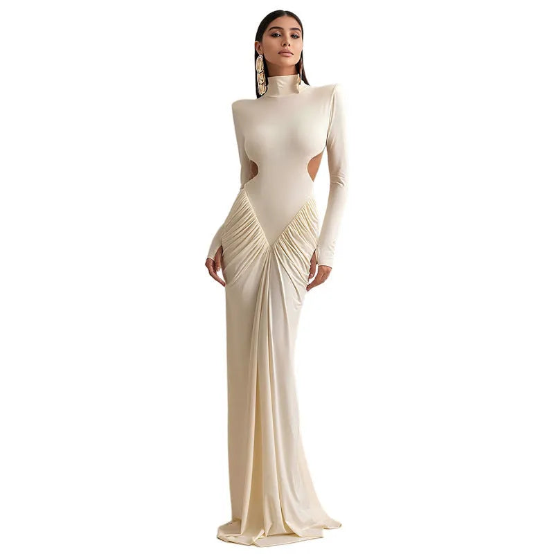 Women's slim fit long sleeve dress with high collar and pleated backless detail.