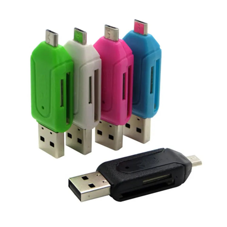 OTG card reader with USB and Micro USB interfaces for SD and TF memory cards in multiple colours
