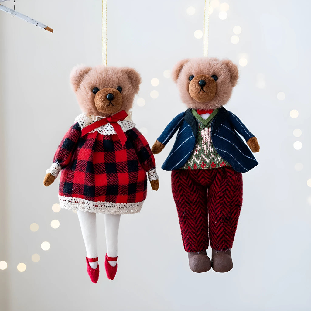 Pair of cartoon-style plush bear dolls in cotton suit plaid, featuring a gentleman bear and a princess bear.