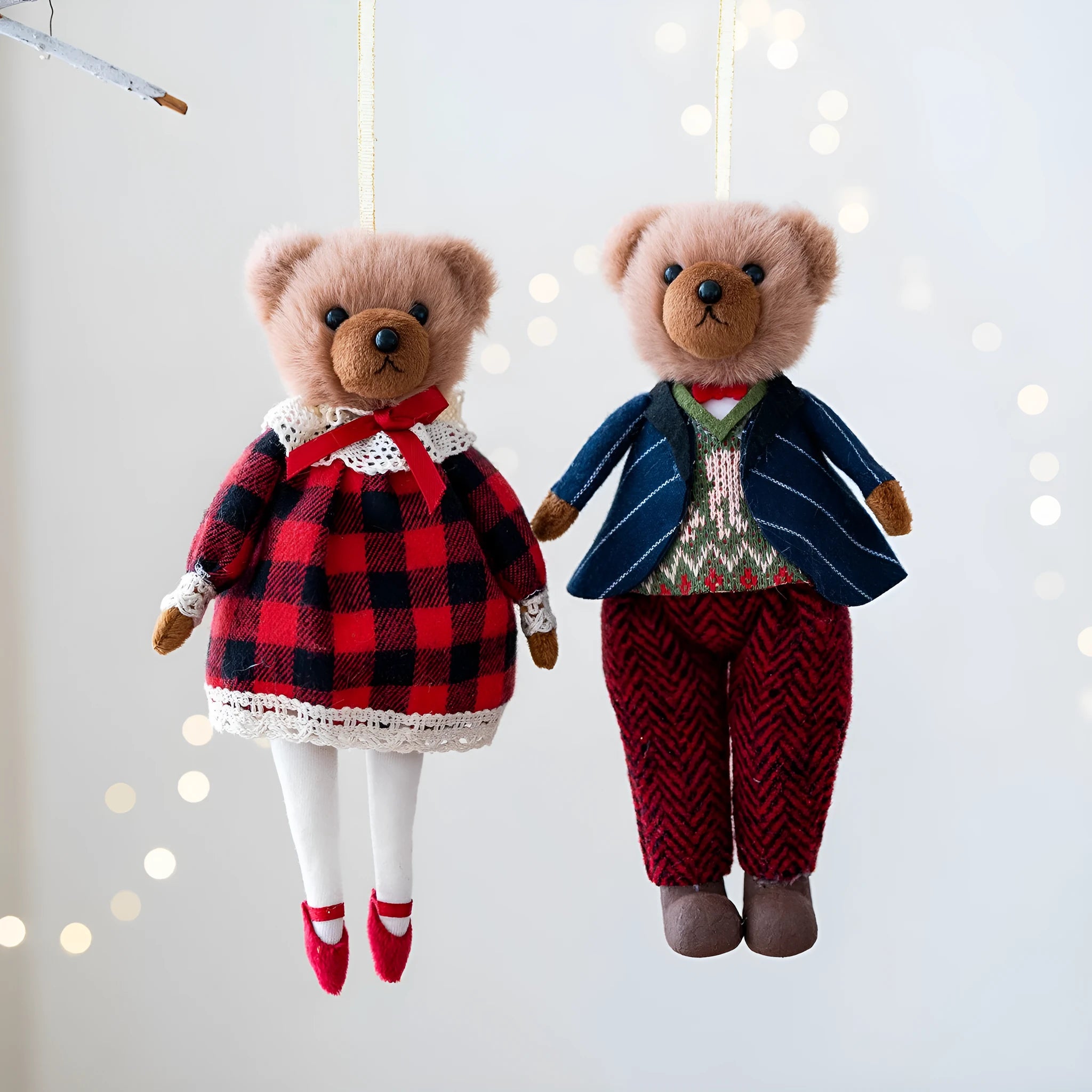 Pair of cartoon-style plush bear dolls in cotton suit plaid, featuring a gentleman bear and a princess bear.