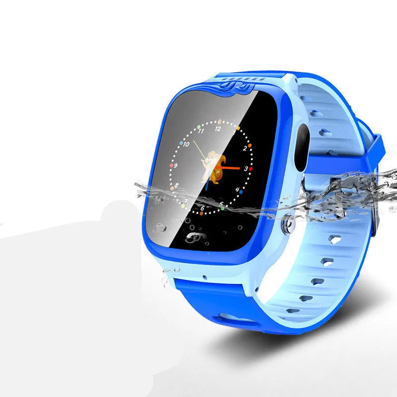 Blue children's phone watch with HD touchscreen and silicone wristband showing positioning features