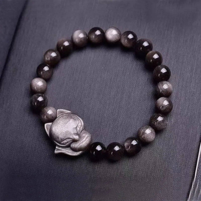 Obsidian fox bracelet for women with 8mm polished stone beads and silver-plated fox charm jewellery