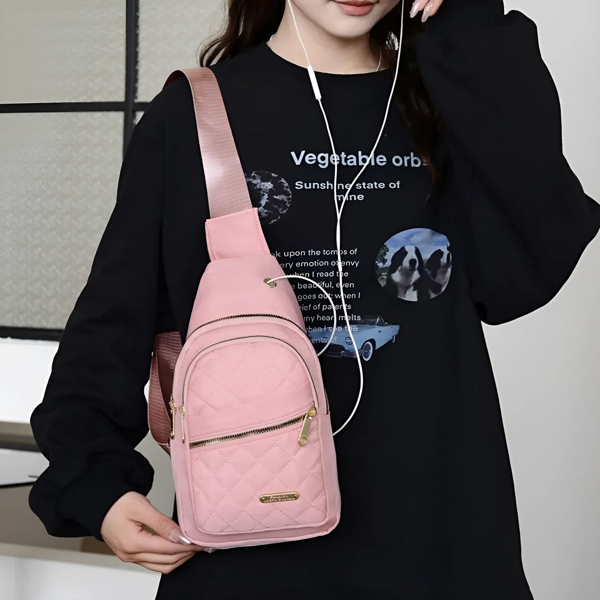 A girl's crossbody sports chest bag in Oxford cloth, shown in a choice of colours including black, dark blue, red, purple, and pink.