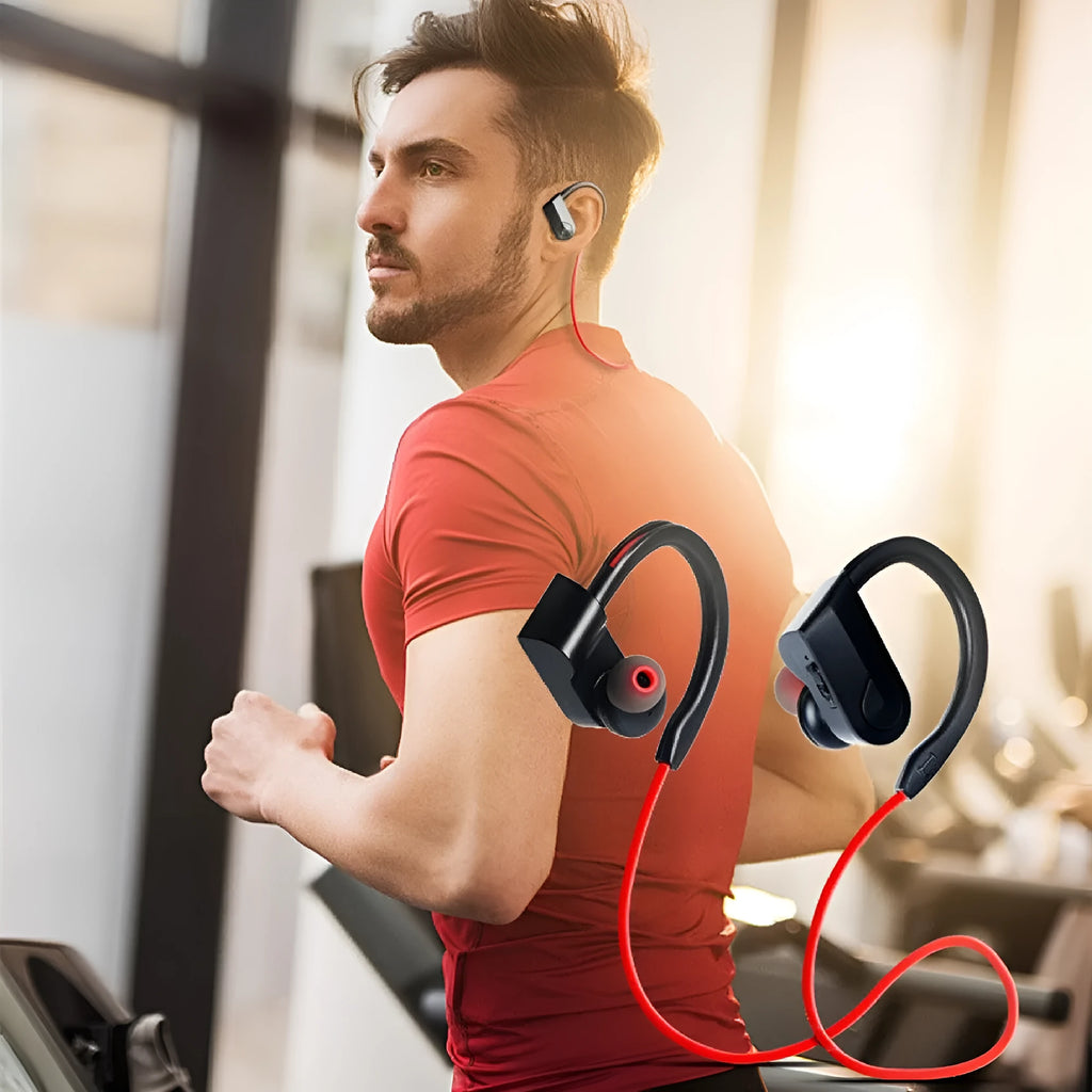 Wireless neckband Bluetooth earphones in black, blue, or red colours with USB charging cable.