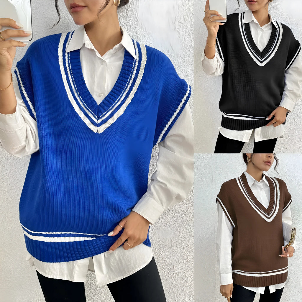Women's casual loose-fit acrylic blend vest sweater in black, blue, or coffee colour.
