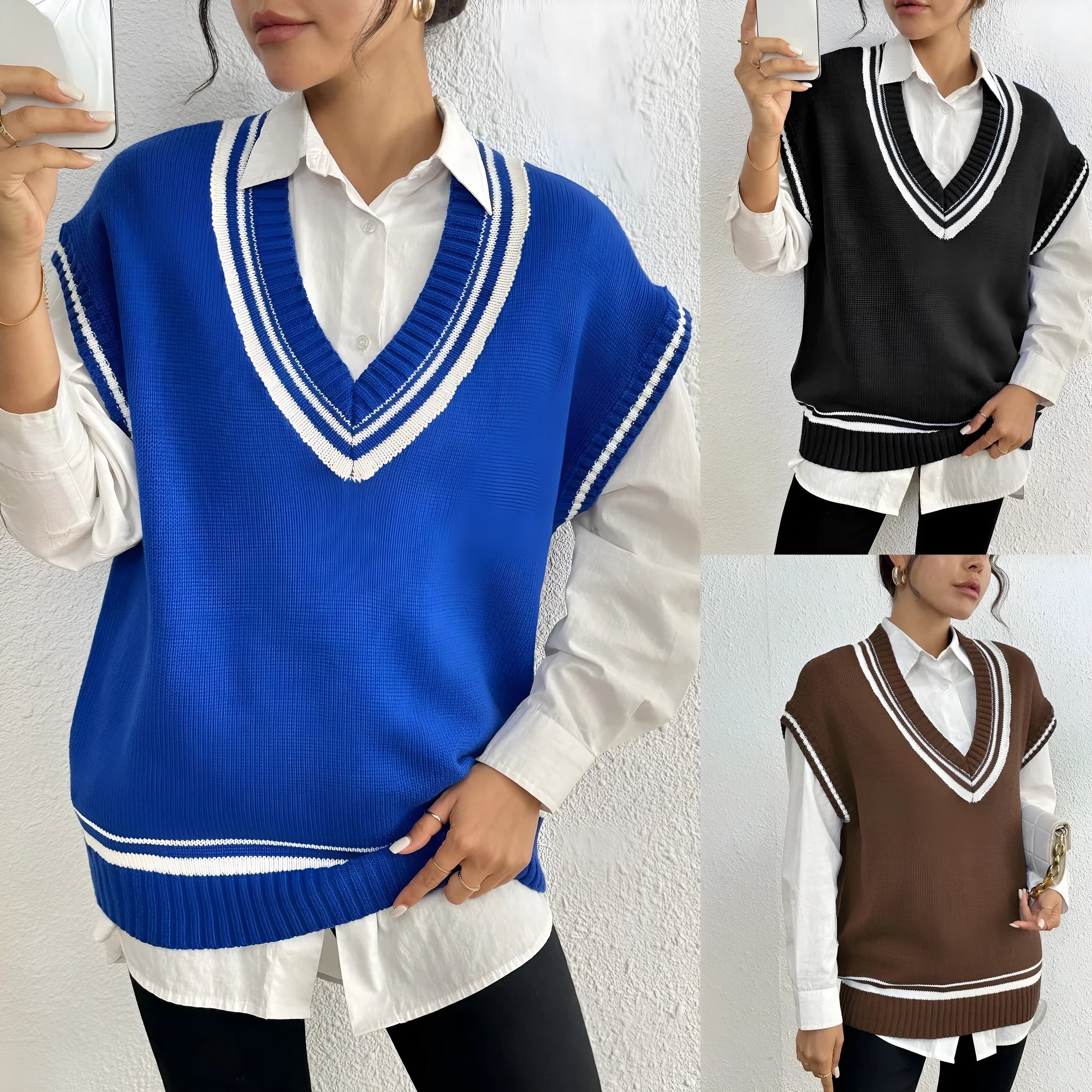 Women's casual loose-fit acrylic blend vest sweater in black, blue, or coffee colour.
