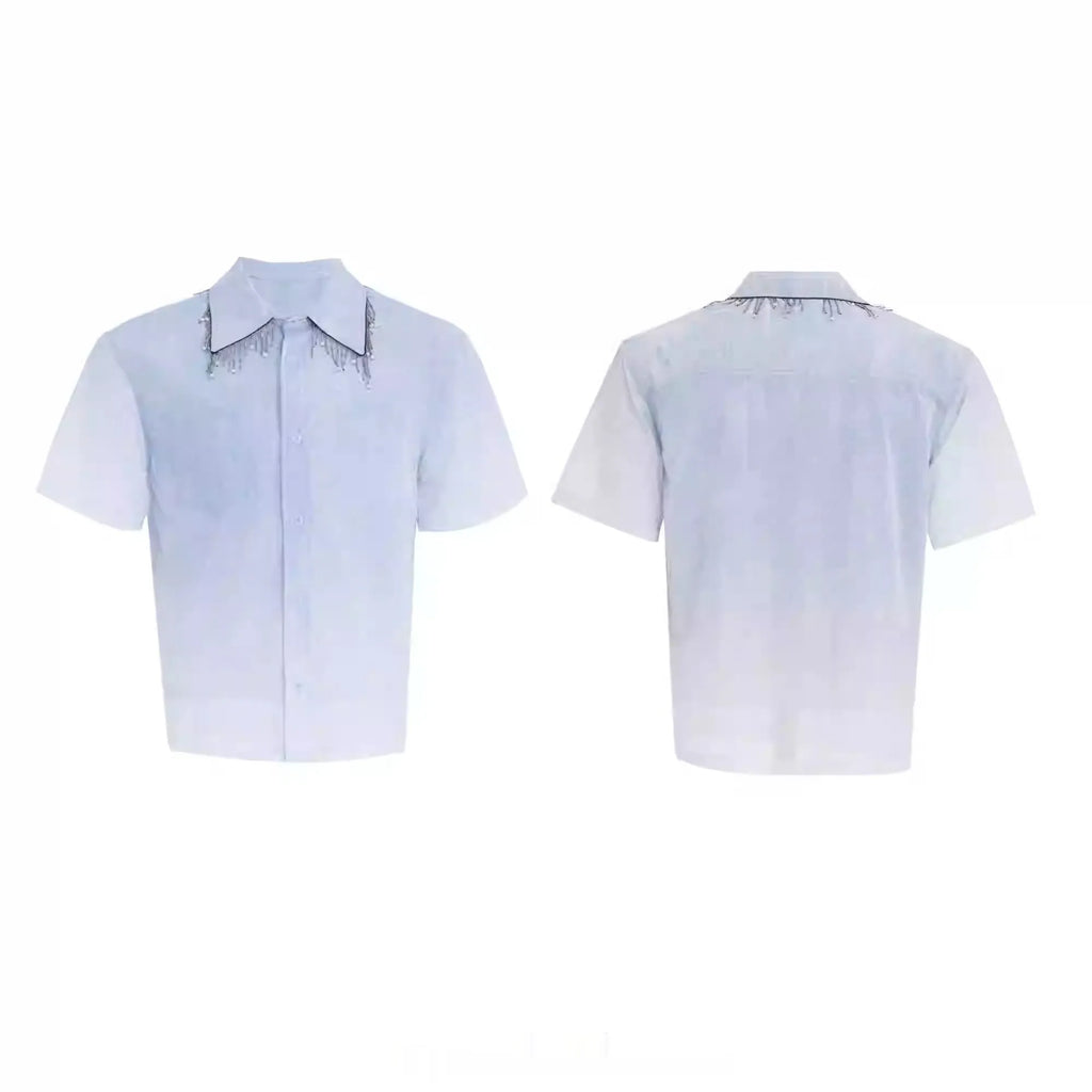 Blue and white gradient loose fit short sleeve men's casual shirt on a hanger