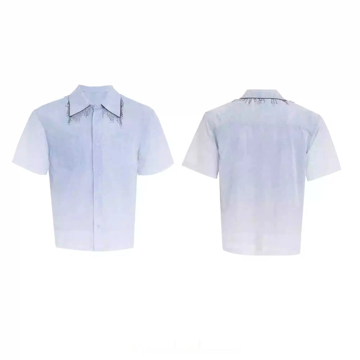 Blue and white gradient loose fit short sleeve men's casual shirt on a hanger