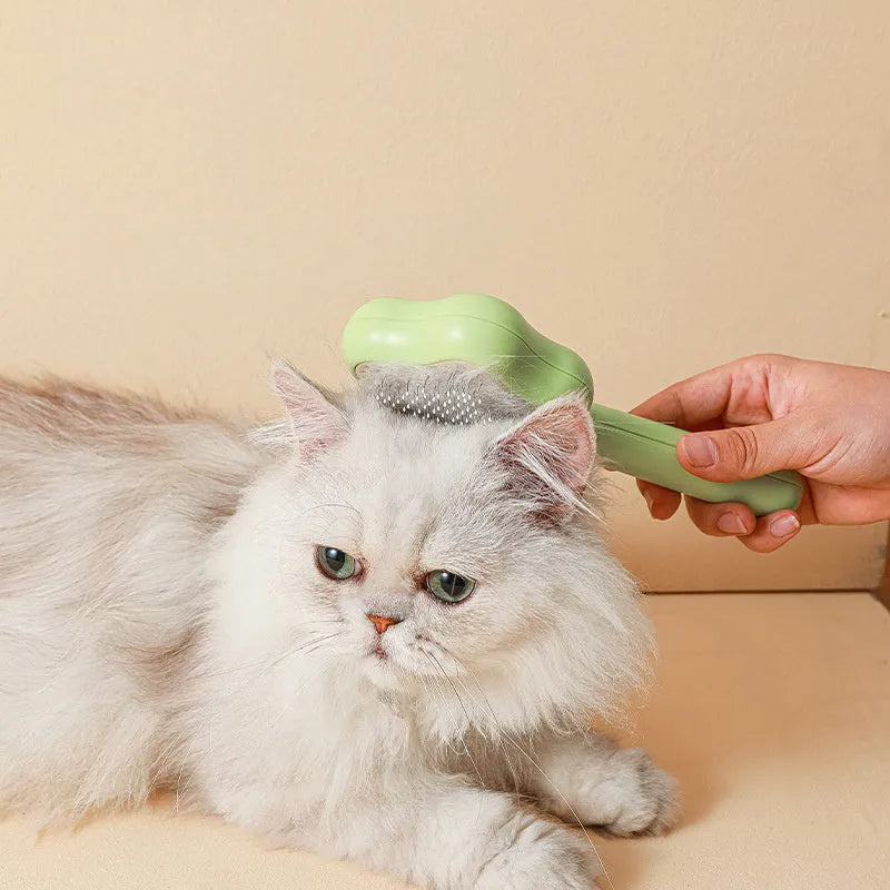 Self-cleaning cat grooming comb with stainless steel needle teeth in green colour option