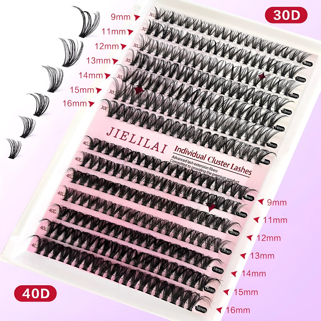 DIY cluster lashes mixed package with 30D and 40D high-grade fibre false eyelashes ranging 9-16mm with tweezers