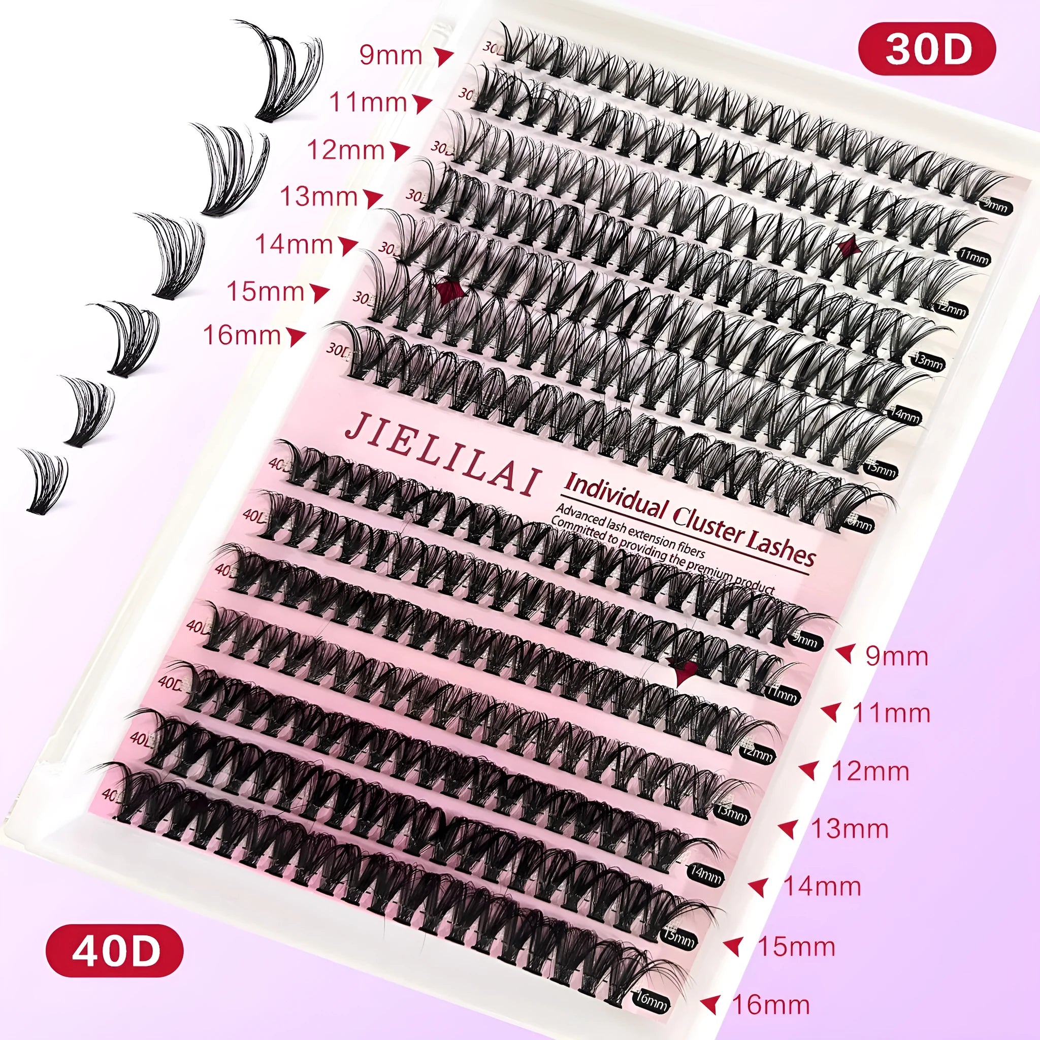 DIY cluster lashes mixed package with 30D and 40D high-grade fibre false eyelashes ranging 9-16mm with tweezers