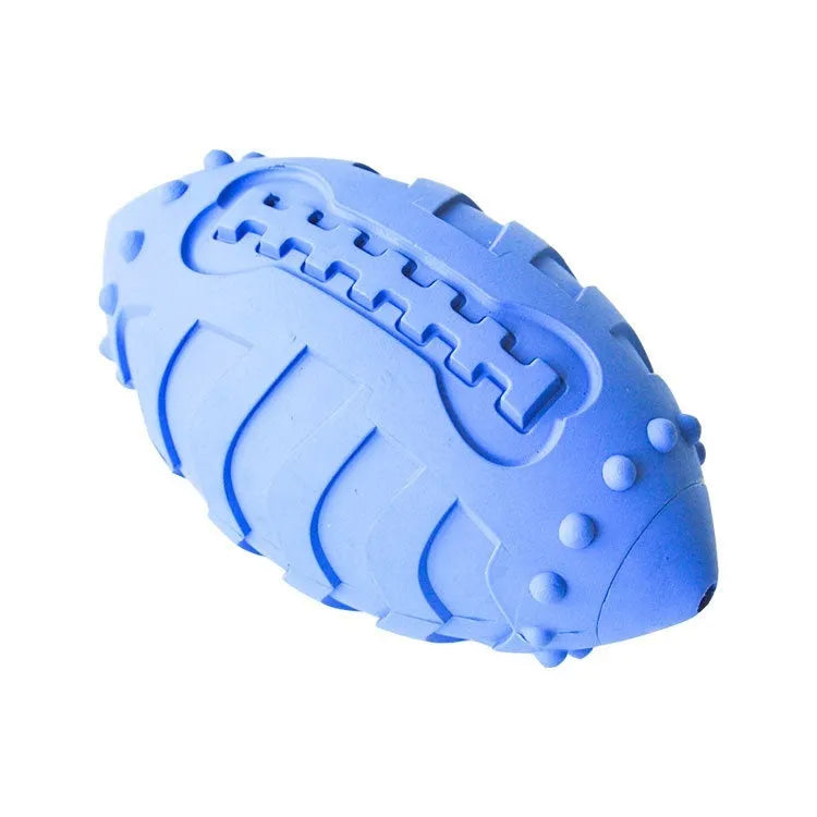 Light green rubber rugby ball dog toy with vocal element for interactive training and teeth cleaning