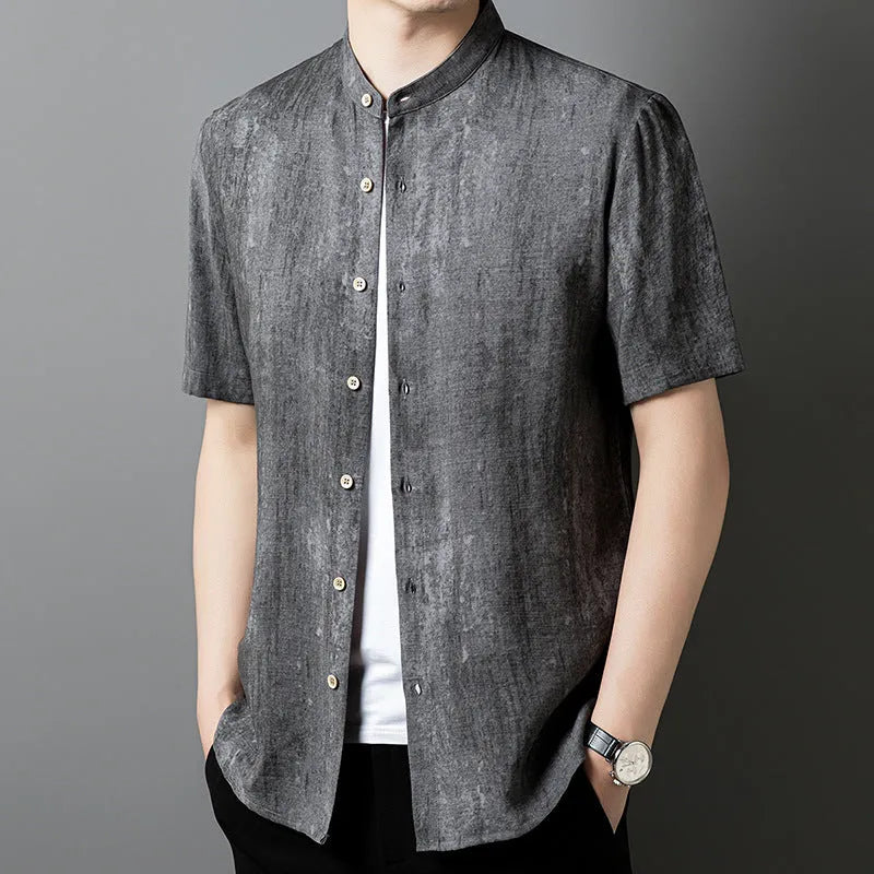 Men's solid colour linen shirt with a stand collar in a loose fit, shown in black grey.
