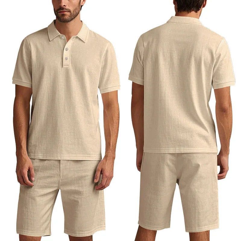 Men's loose linen-blend shorts set in light blue with short sleeve shirt and matching shorts