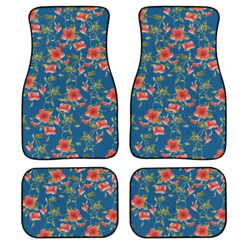 Black printed rubber car foot mat set showing 20mm thickness and four-piece layout for general vehicle models