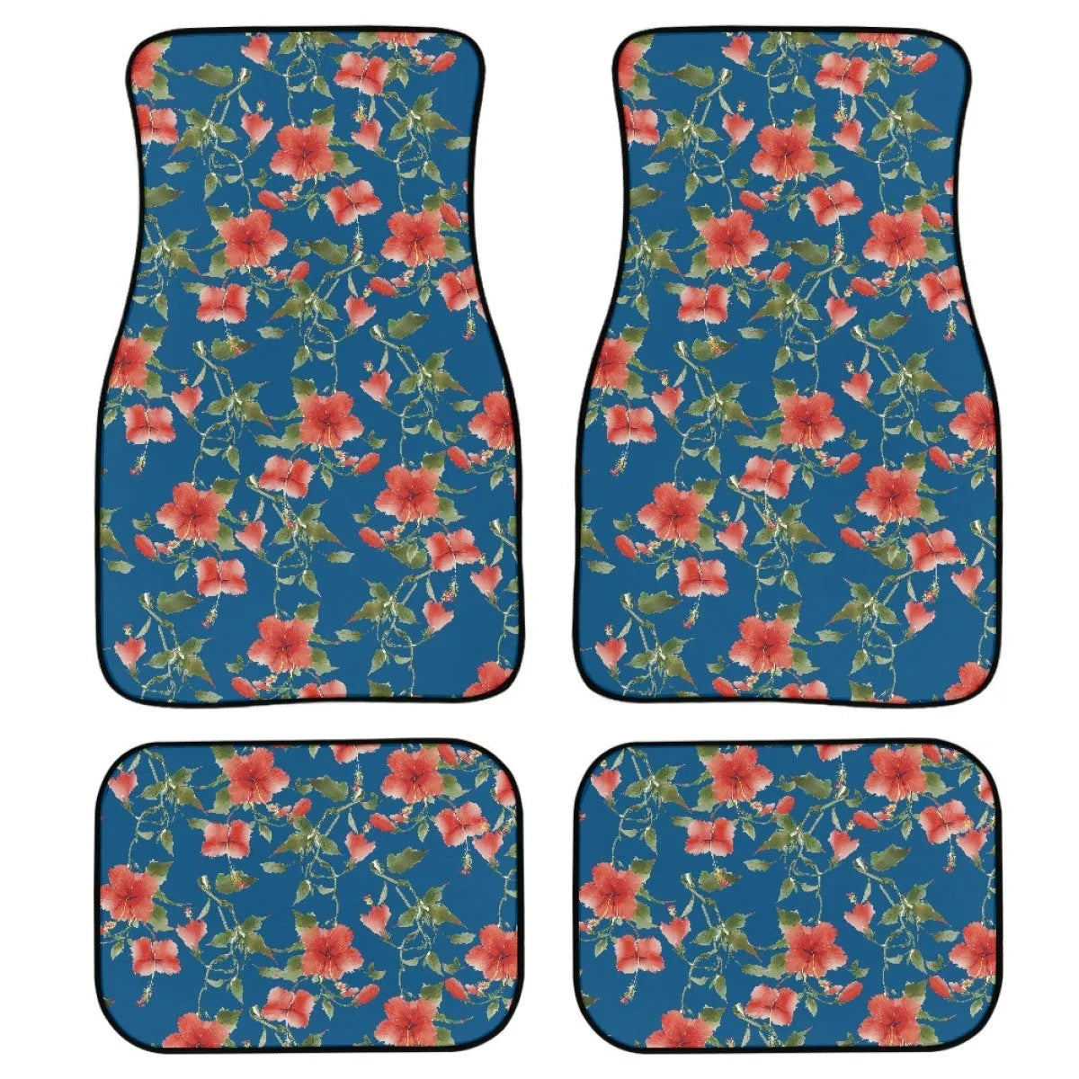 Black printed rubber car foot mat set showing 20mm thickness and four-piece layout for general vehicle models