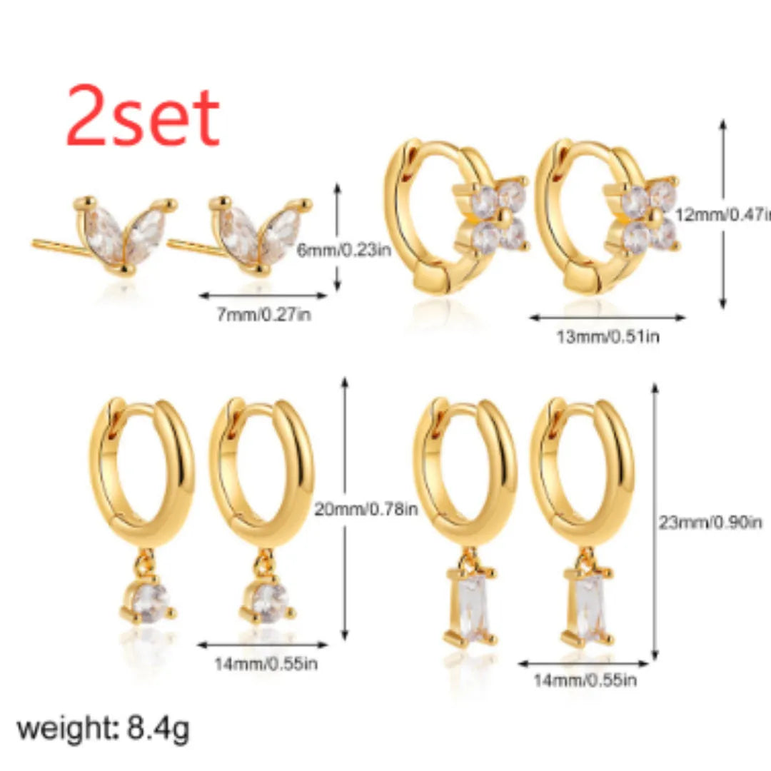 Geometric square earring set for women with zircon accents in gold or silver electroplated finish