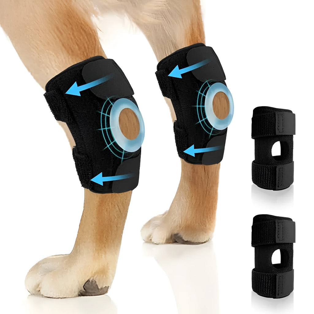 Black polyester dog leg guard with adjustable straps for ACL and joint support