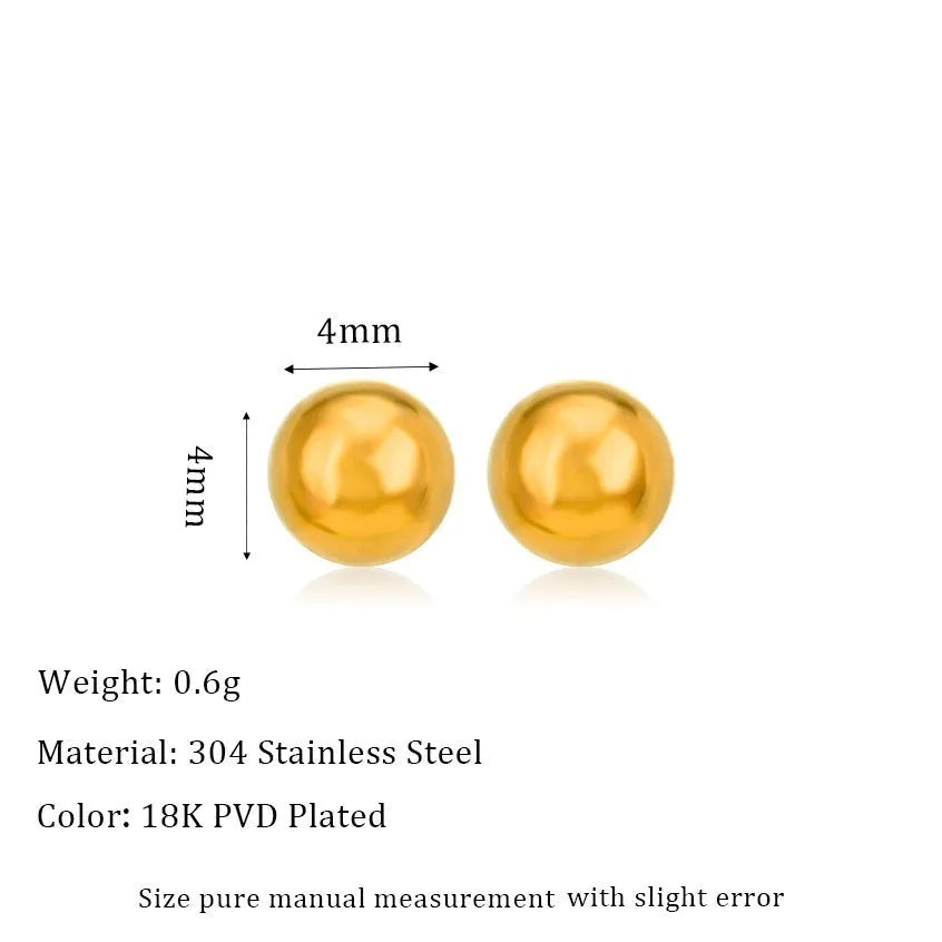 Stainless steel 18K gold ball stud earrings in round geometric design on simple stud posts.