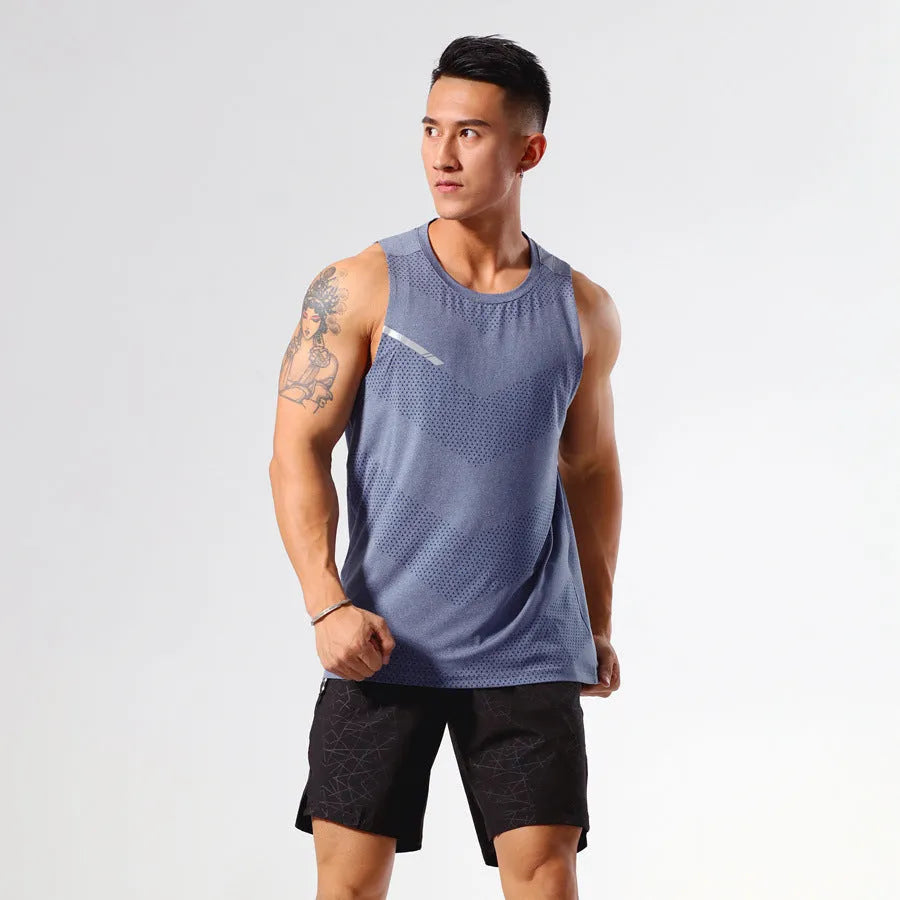 Men's solid colour quick-dry sports top in polyester blend fabric on size chart background