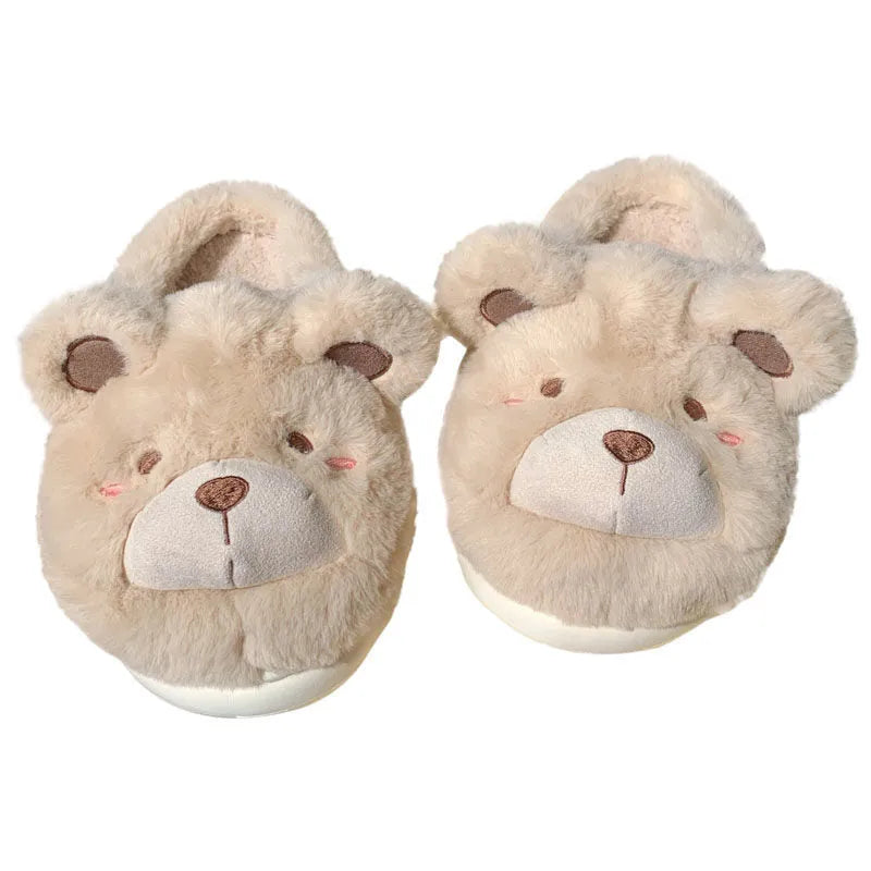 Women's cartoon pattern baotou plush slippers in khaki colour with round toe and suede upper