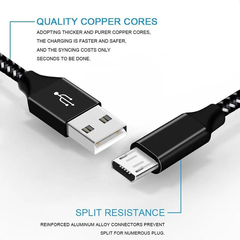 Braided Micro USB fast charging cable for Android phones in black and white