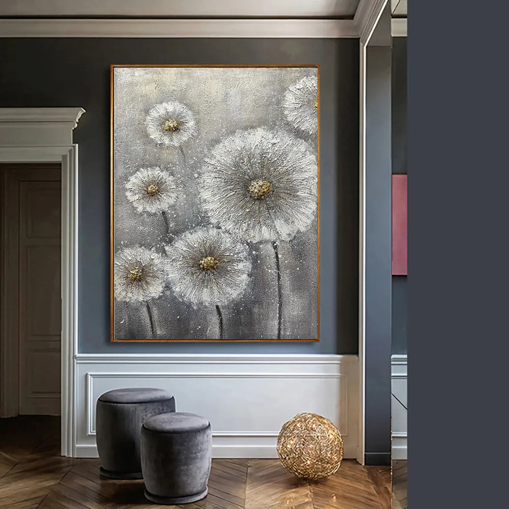 Hand-painted white flower plant oil painting on grey canvas, vertical unframed wall art for home decor