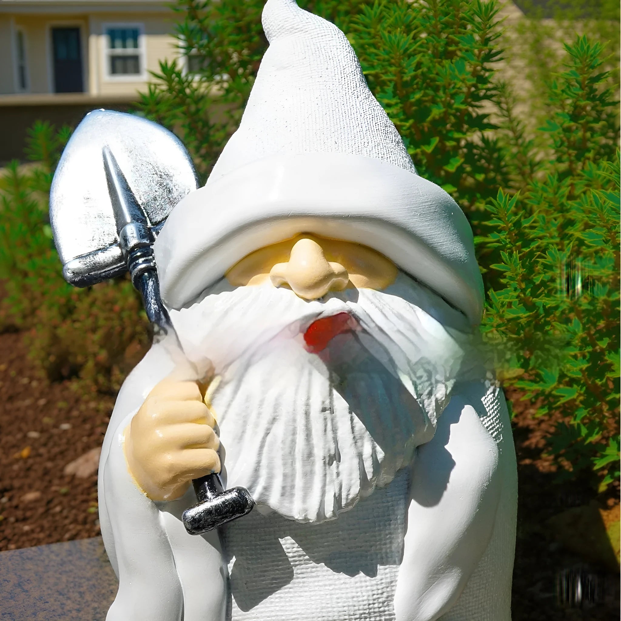 Smoking shovel dwarf Christmas garden ornament made from resin and plastic materials