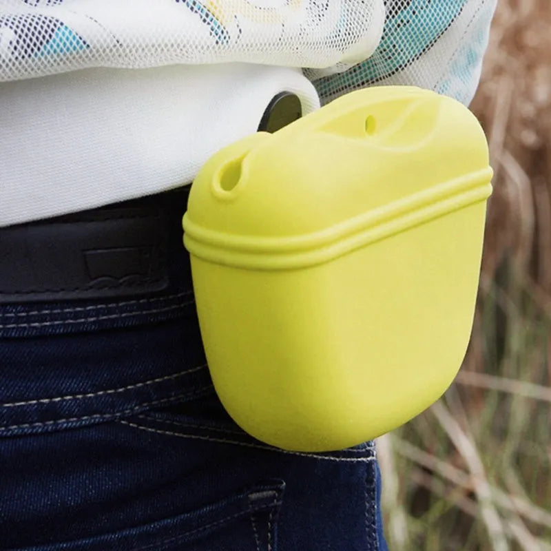 Silicone clip-on dog treat waist bag in colour choice, showing magnetic closure and belt clip.
