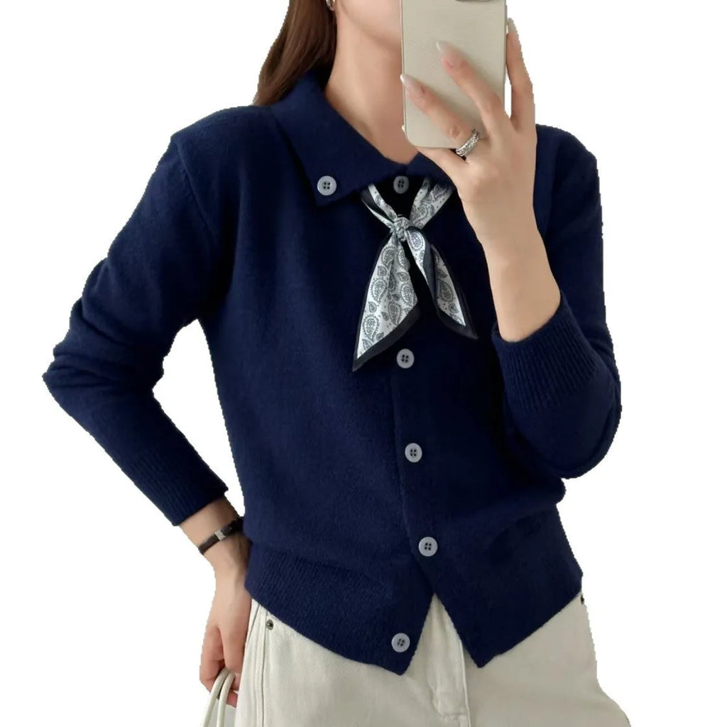 Lazy fashion lapel scarf cardigan sweater in acrylic, shown in a neutral colour.