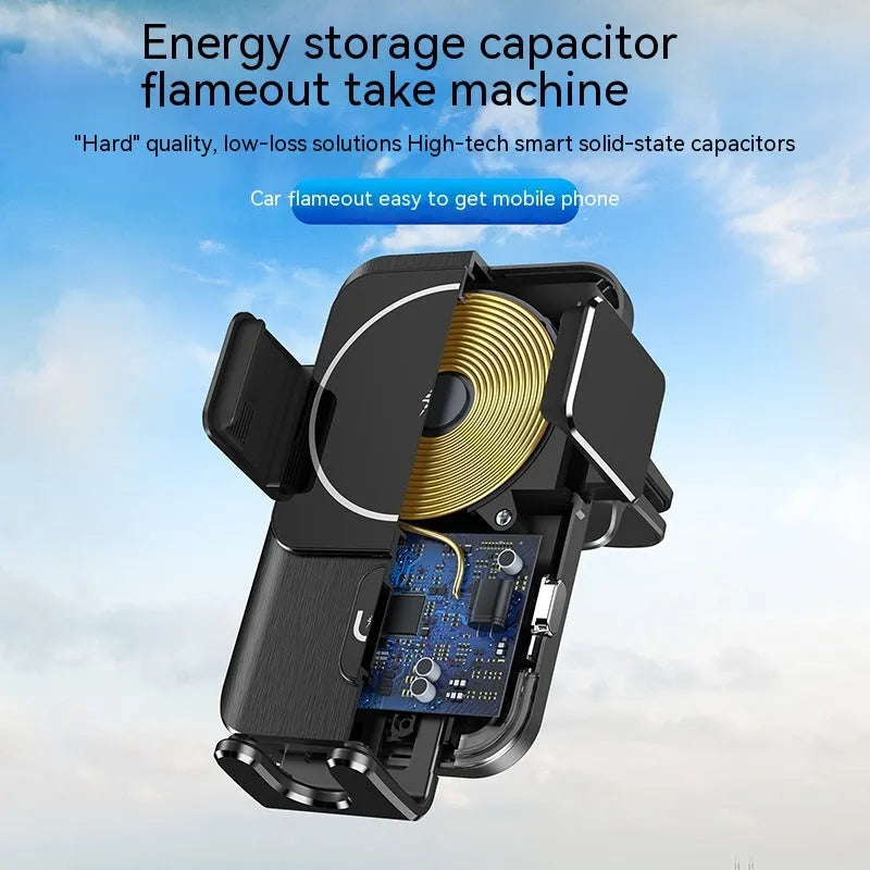 Black car wireless phone charger holder showing 15W charging and clip/suction cup mounting options