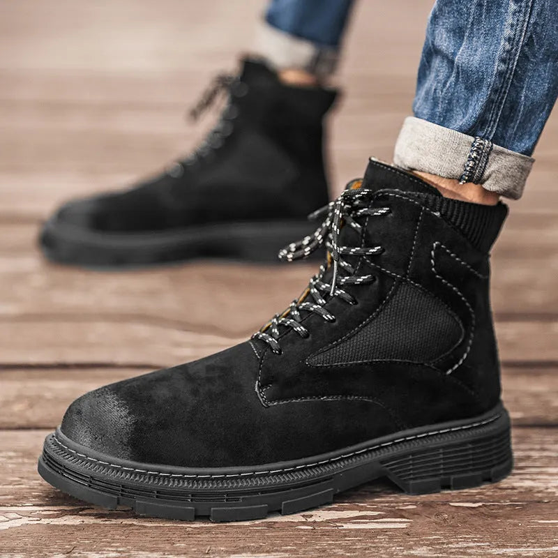 Men's vintage style Martin boots in black, sand, and grey colours with a low thick heel and round toe.