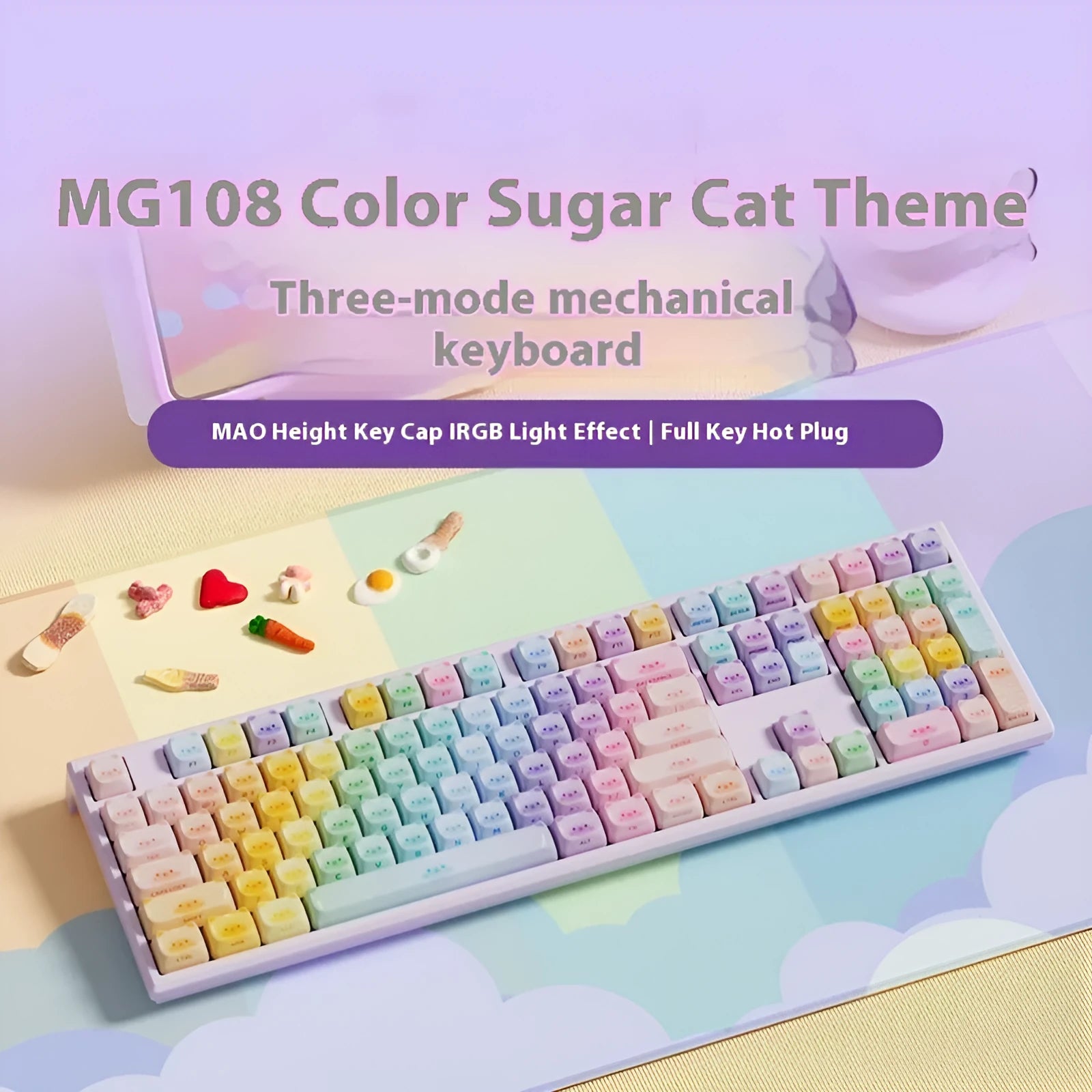 Coloured sugar cat design mechanical keyboard with Gateron piano switches and Bluetooth connectivity