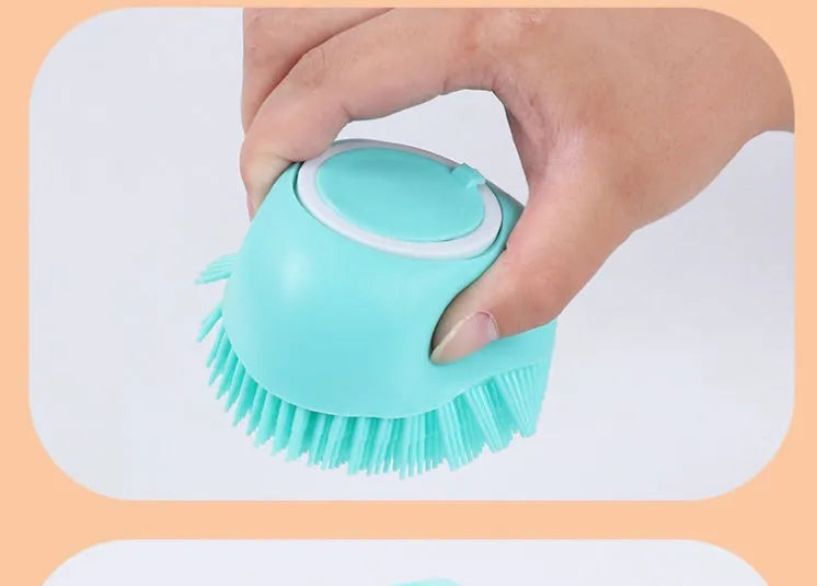 Silicone dog bath brush with ergonomic handle in blue, pink, or yellow colour