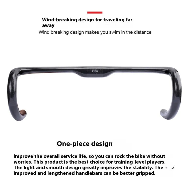 Ultra-light carbon fibre road bicycle drop handlebar in black grey silver, shown in 400mm 420mm and 440mm sizes.