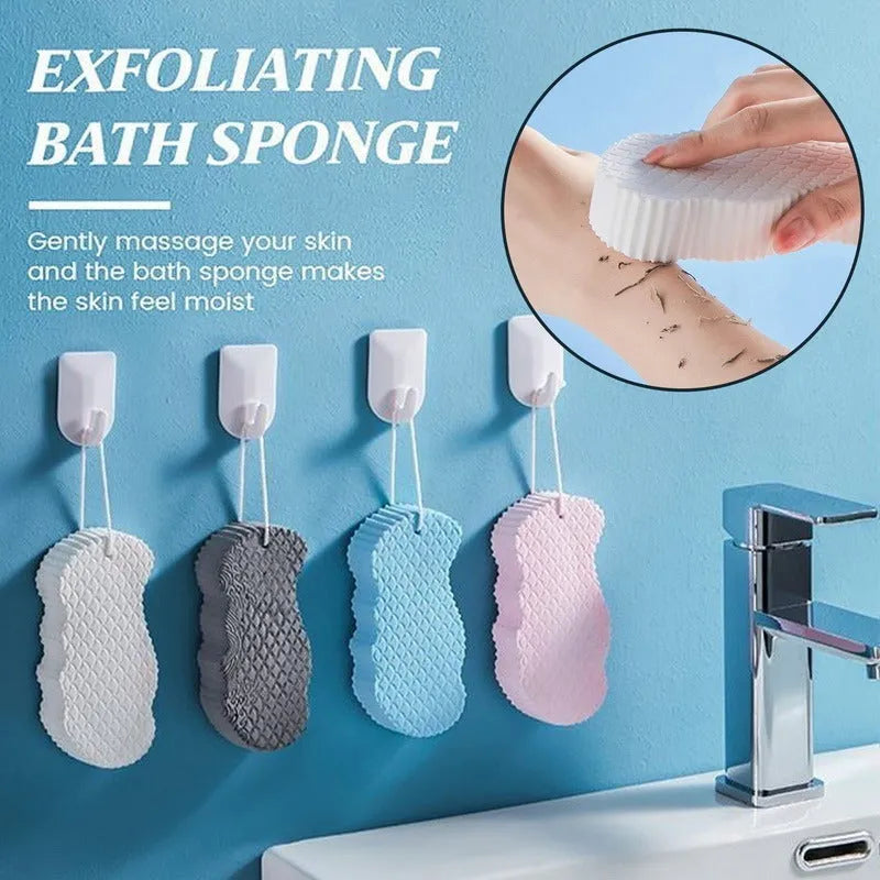 White 3D fish scale pattern bath sponge ball with hanging loop on a grey background.